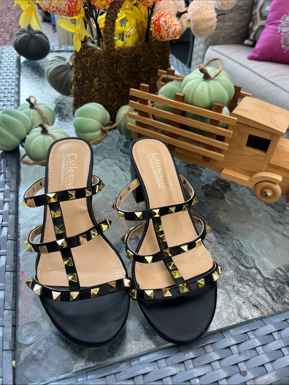 Catherine Malandrino Black Studded Strappy Slide Sandals